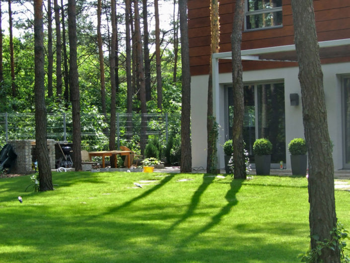 trawnik w lesie przy nowoczesnym domu